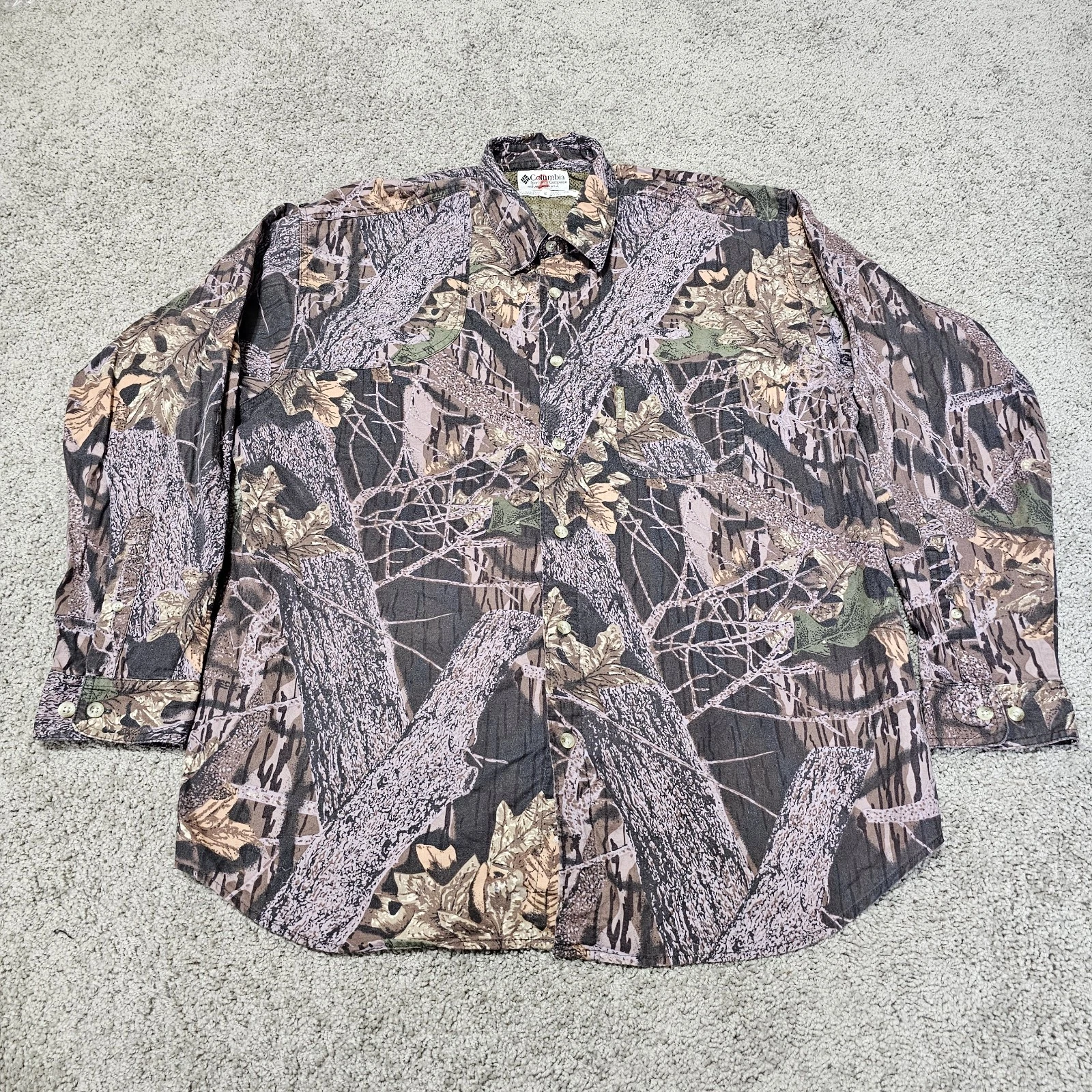 Vintage Columbia Camo Button Up Long Sleeve Vented Hunting Shirt Size XL