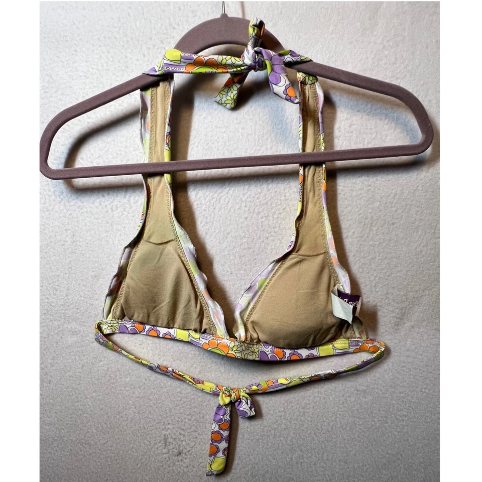 Pan Dulce Swimwear C Cup Halter Top Bikini Colorful Floral Smiley Face Pattern - Image 2 of 4