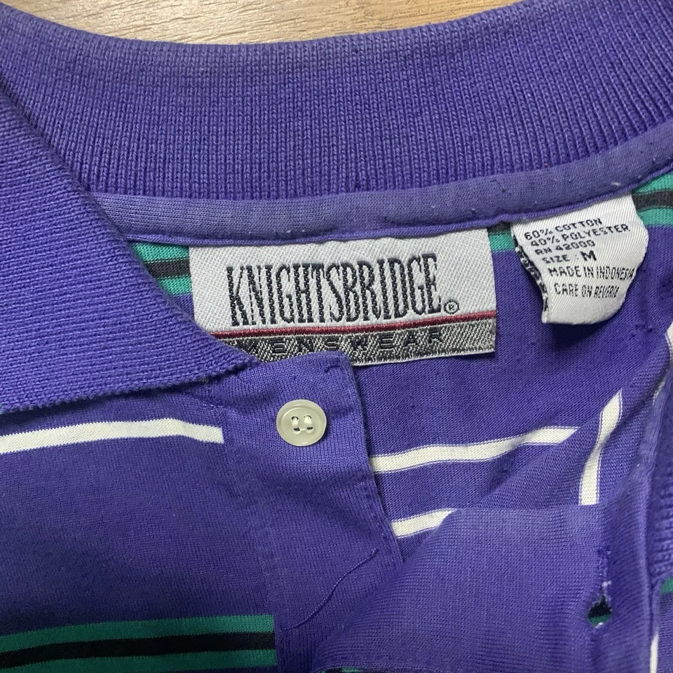 RARO Camisa Polo Knightsbridge Años 90 Púrpura Verde Rayas Para Hombre’s Bolsillo M Foto 3 de 4