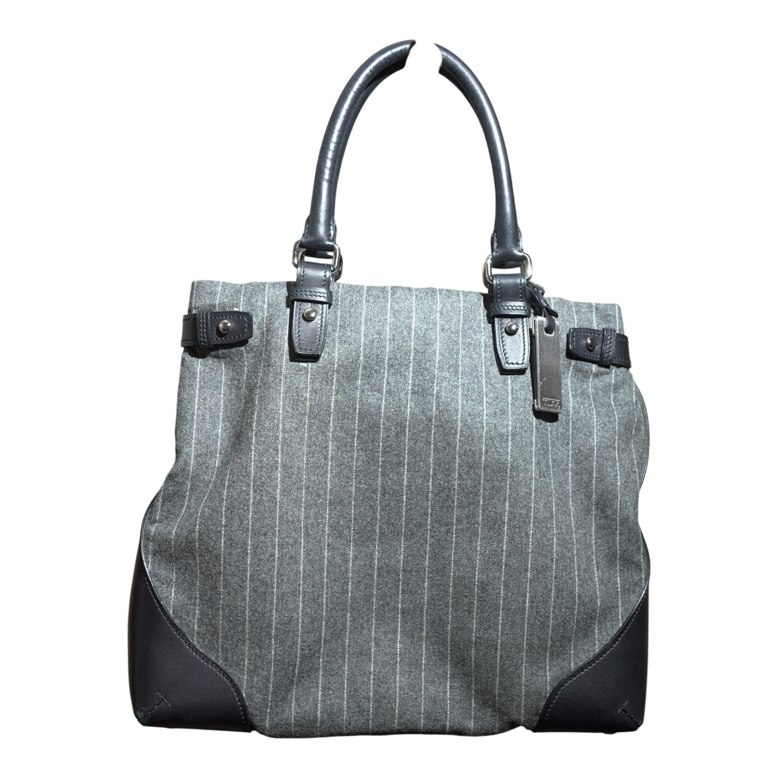 TUMI Chatham East West Satchel Bag Gray Pinstripe Wool & Lea