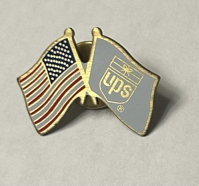 UPS Crossed Flags Gold Tone Lapel Pin Hat - American USA Flag United States