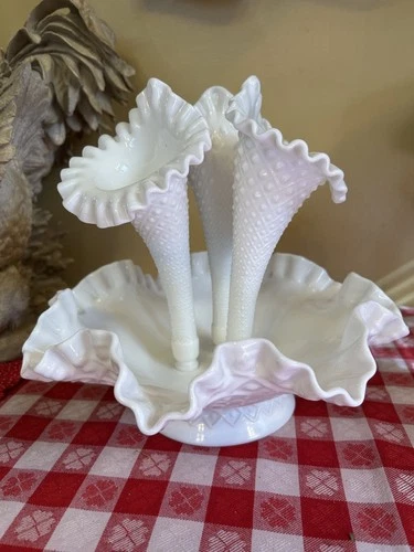 Vintage Ruffled FENTON White Milk Glass Hobnail 3 Horn Trumpet Vase Epergne