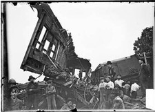 Overturned And Damaged Train Cars From A Train Accident With Men  - Old Photo