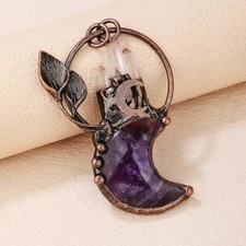 Natural Amethyst Moon Pendant Clear Quartz Point Bronze Bezel Leaf For Necklace