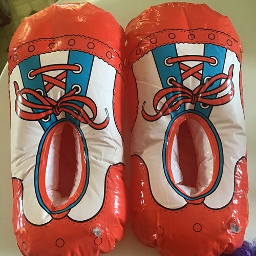 Vtg Red Inflatable Big Clown Feet Vinyl W Multicolor Wig Halloween Costume Party - Picture 2 of 5