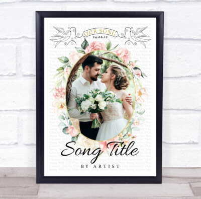 Blumen Oval Foto Hochzeit Erster Tanz Jedes Lied Text Wandkunstdruck