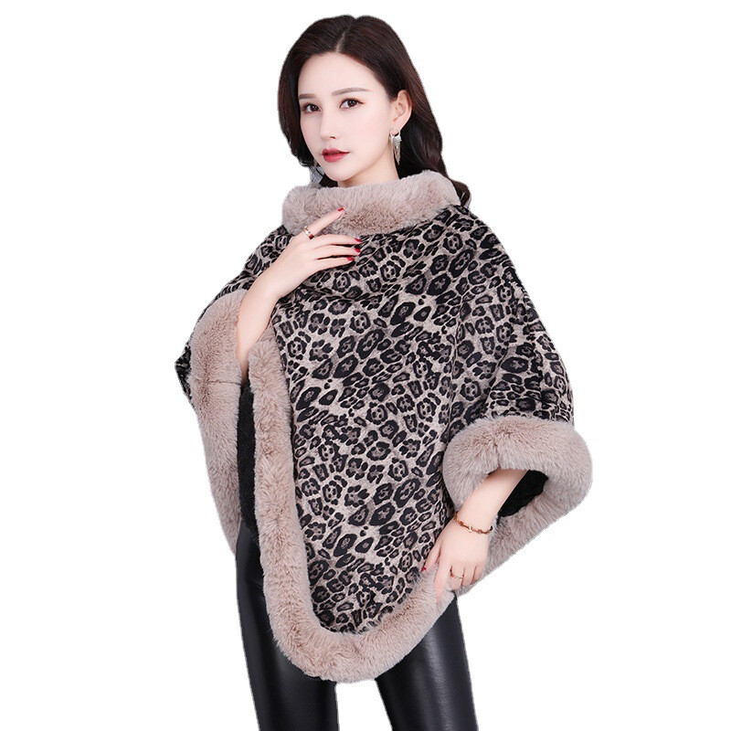 Women Leopard Printed Faux Fur Cloak Poncho Warm Wrap Cape Shawl