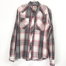 Levis Mens Large Shirt Pearl Snap Red Gray Multi Plaid Cotton Blend Long Sleeve