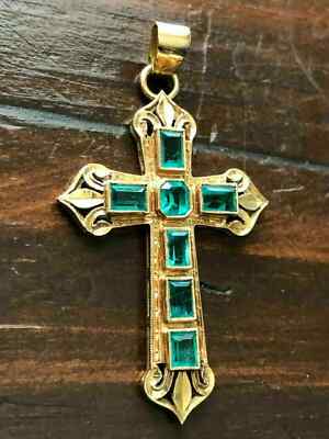 Antique 3Ct Emerald Cut Green Emerald Cross Pendant 14k Yellow Gold Plated