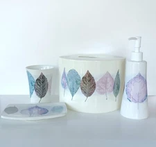CROSCILL Portmeirion BATHROOM 4pc SET Purple Teal Leaves Made In Britain "DUSK"