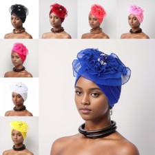African Wedding Party Exaggerated Large Flower Beaded Turban Cap Hijabs Bobbet