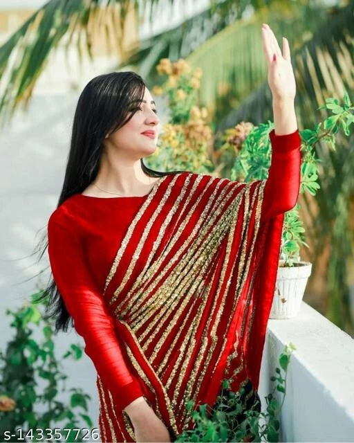 SAREE DESIGNER RED GOLD SEQUIN PARTY WEAR BLOUSE SEQUENCE SARI INDIAN PAKISTANI