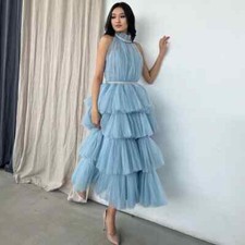 Tulle Draped Tiered Pearl Graduatll Gown High Collar Bespoke Occasion Dresses