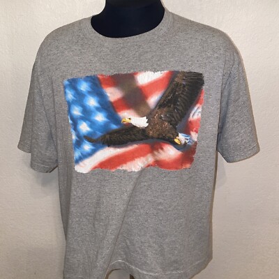 VINTAGE Bald Eagle USA Flag T-Shirt XL Gray Patriotic American Tee Stars Stripes