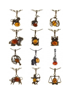BALTIC AMBER STERLING SILVER 925 ASTROLOGY ZODIAC SIGN PENDANT NECKLACE BRACELET