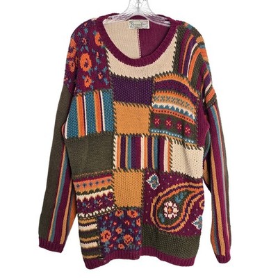 Vtg Reference Point Patchwork Knit Sweater Purple Orange Tan Multi Color Size M