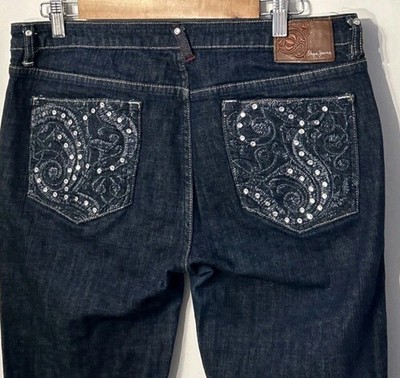 Y2K Pepe London Women's Rhinestone Flare Jeans Size 34 34x32 Stretch