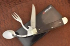 BOKER MAGNUM TREE BRAND SMOOTH EBONY WOOD HOBO TRAPPER KNIFE FORK & SPOON NICE