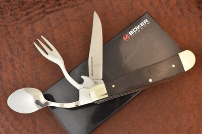 BOKER MAGNUM TREE BRAND SMOOTH EBONY WOOD HOBO TRAPPER KNIFE FORK & SPOON NICE