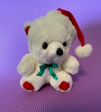 White Christmas plush bear with green bow 7 inches tall