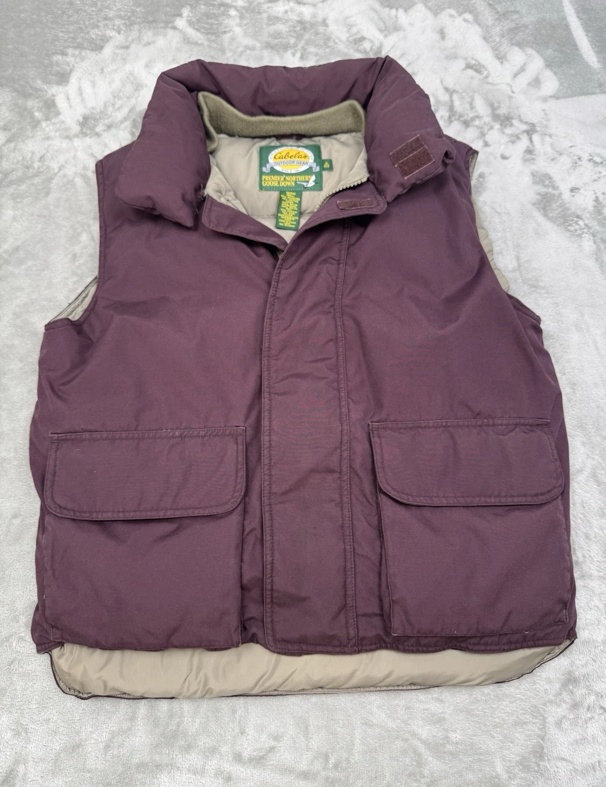 Cabelas Goose Down Vest Mens Medium Maroon Purple Wine Hunting Zip Cargo Wool