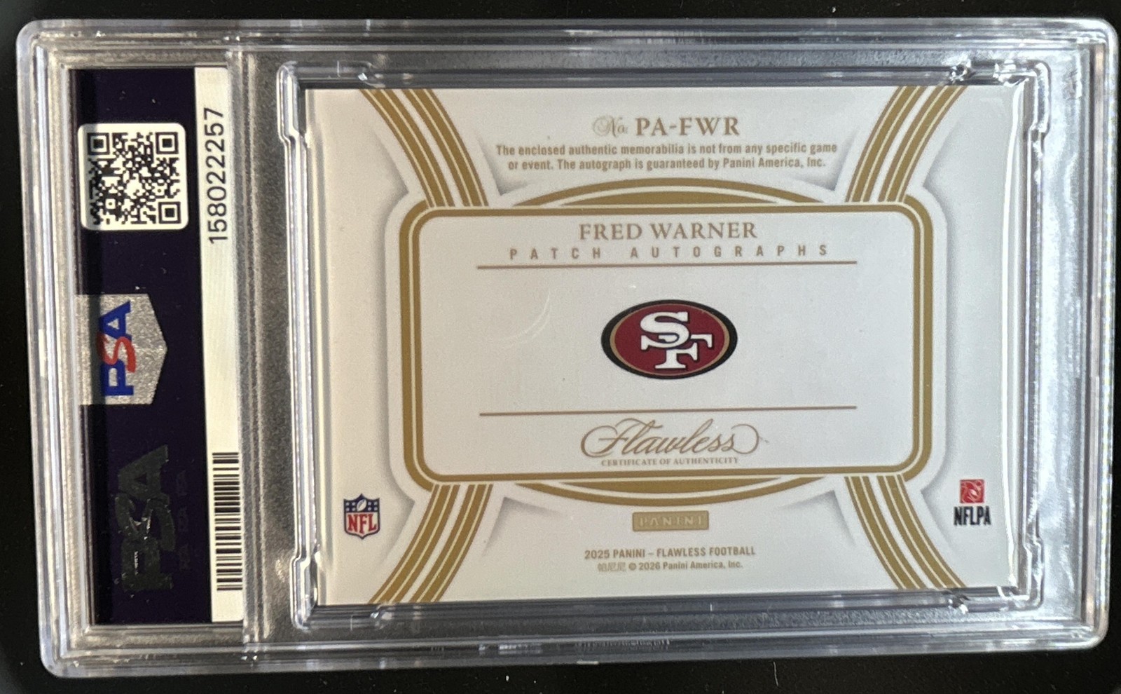 2025 Panini Flawless Fred Warner Gold Patch Auto #01/25 PSA 9 Mint 49ers view 2