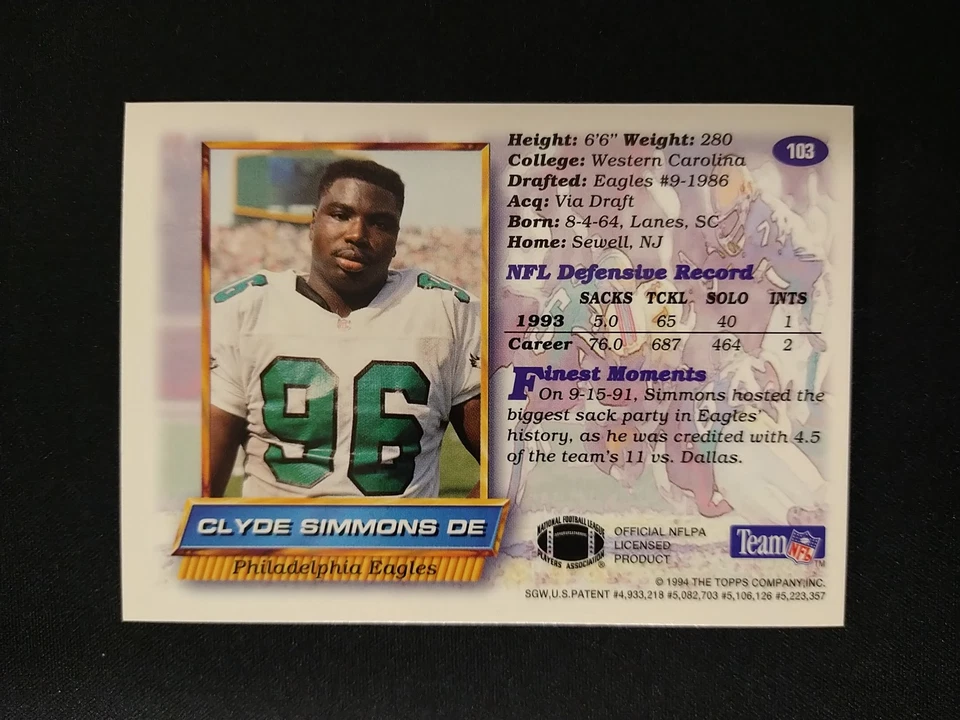 1994 Topps Finest Refractor Clyde Simmons #103 SP Philadelphia Eagles - Image 2 of 2