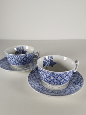 2x Spode Blue & White ''Geranium'' Teetassen und Untertassen, CJ820 V
