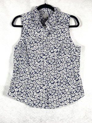 J Crew Top Womens Medium White Blue Floral Sleeveless Button Up Cottage New