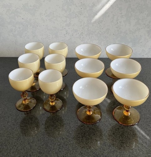 Carlo Moretti Murano Italy Cased White Amber 6 Cordial 6 Champagne Glass MCM