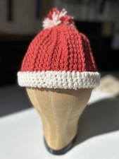NEW Handmade Knitted Red W/White Trim and pom-pom Wool Beanie Winter Hat