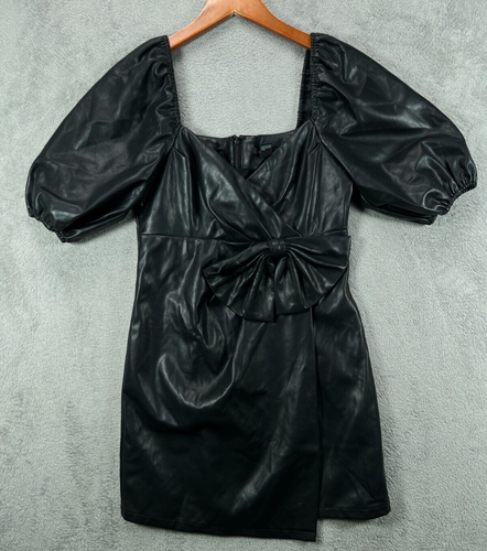 Forever 21 Womens Medium Faux Leather Black Mini Dress Bow Puff Sleeve Goth - Picture 2 of 13