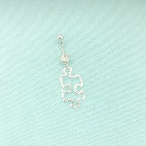 Hallow Autism Puzzle Silver Charm Surgical Steel Belly Barbell. - Picture 2 of 4