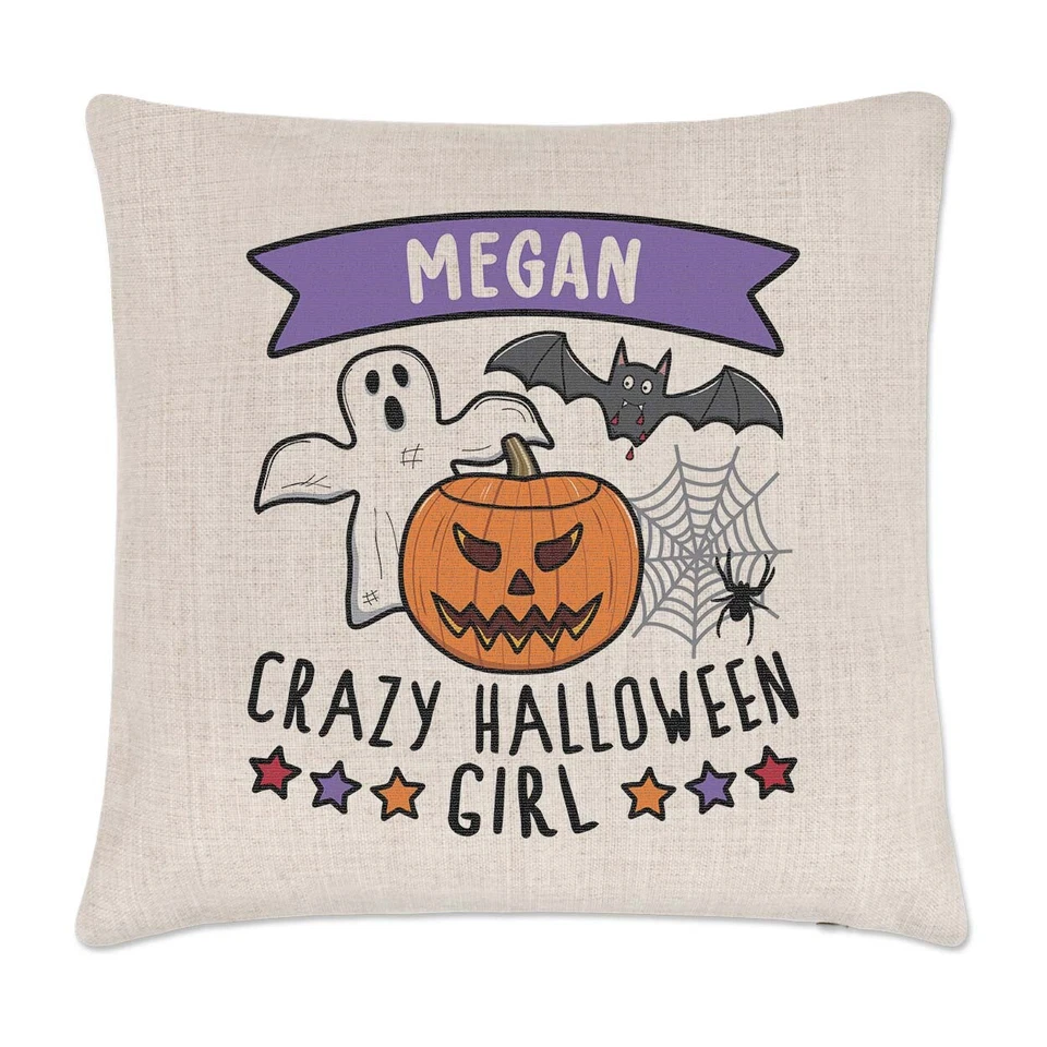 Personnalisé Fou Halloween Fille Coussin Housse Oreiller Effrayant Ghost Potiron - Photo 1/1