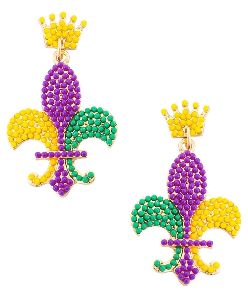 Mardi Gras Fleur De Lis  Earrings Yellow Purple Green Beaded Metal