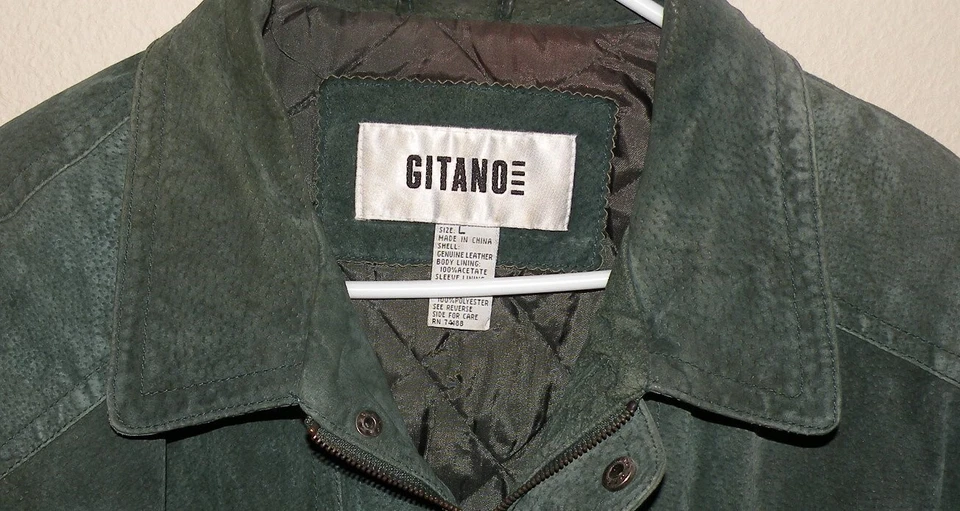 VTG Gitano Men’s Large Bomber Style Insulated Leather Jacket Green Zip Front  - Image 2 of 4