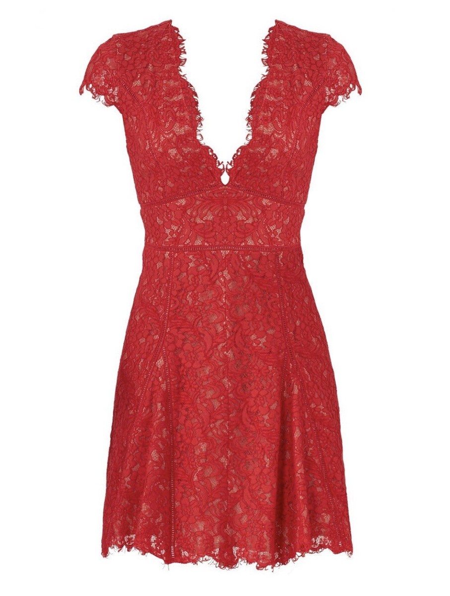stylestalker red lace dress STYLESTALKER $495 Red Lace Visions Skater Cocktail Dress 0 2 4 XS S EUC