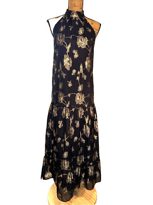 Vtg Express Maxi Dress 10 Sheer Goth Grunge Black Gold Metallic Whimsigoth 90s