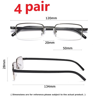 4 Pairs Men's Half-Frame Rectangular Reading Glasses - Lightweight Classic Style