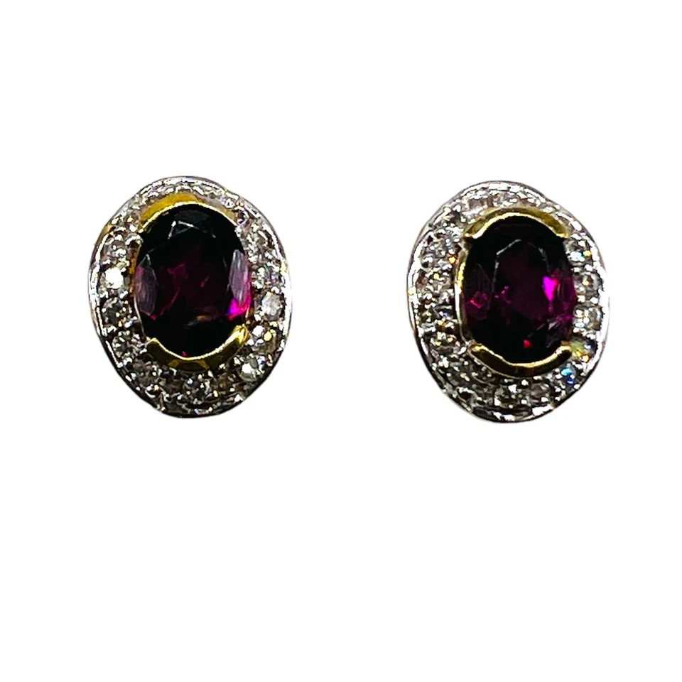 Solid 10k Yellow Gold Red Stone Diamond Cluster Halo Oval Stud Post Earrings - Image 2 of 4