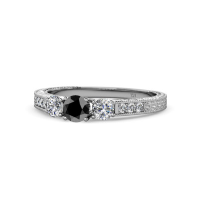 Black and White Diamond 3 Stone Ring 0.89 ctw Sterling