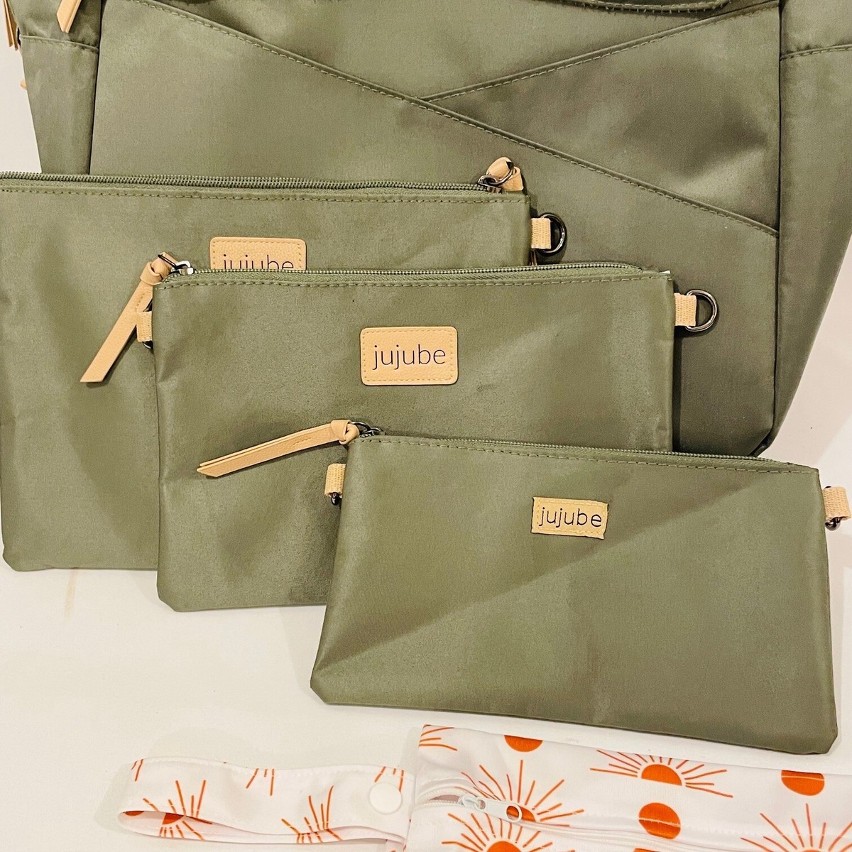 Jujube Backpack Diaper Bag Olive Green Zipper Pouches