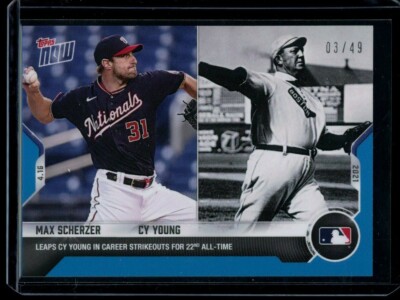 2021 Topps Now #84 Max Scherzer & Cy Young Blue Parallel Card #d /49