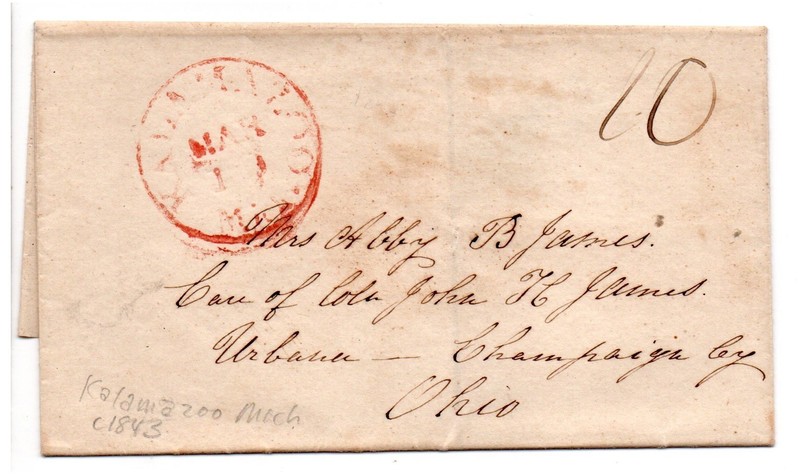 KALAMAZOO, MICHIGAN to URBANNA, OHIO (Circa 1843) Stampless Cover/Letter