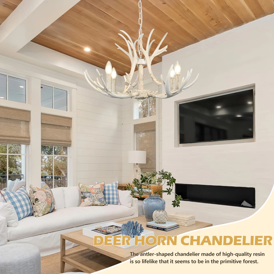 Araña de asta blanca 31,4" ajustable estilo vintage araña de asta de ciervo... Foto 2 de 4