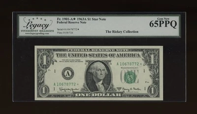 DBR 1963-A $1 FRN Boston STAR Gem Fr. 1901-A* Legacy 65 PPQ Serial A10678772* - Image 1 of 2