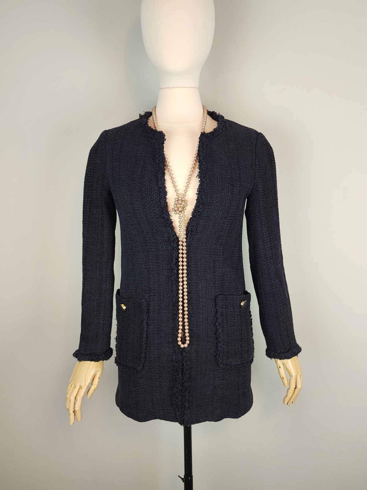 Zara Black Textured Tweed Fringe Jacket Long Sleeve Long Silhouette Ladies XS