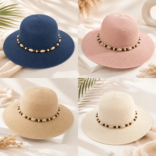 Ladies Sun Hat Straw Hat Cap with Seashells Bow Beach Hat Summer Hat Holiday