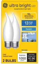 GE ulltrabright LED chandelier lightbulb, frost finish, bent tip, medium base,