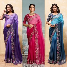 Indian Ethnic Georgette Saree Embroidered Cutwork Border Party Wear Indian Sari